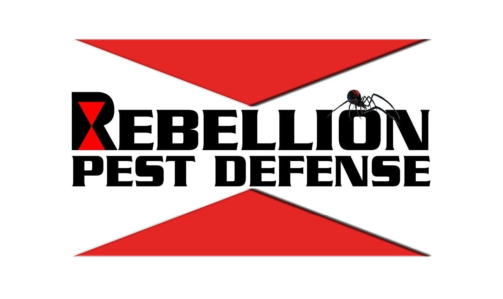 The Rebellion Pest Defense logo features black text on a red hourglass shape with a small spider icon atop the letters.