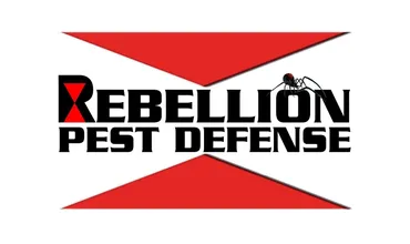 Logo for Rebellion Pest Defense featuring a black spider icon on a red hourglass background with bold black text.